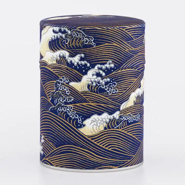 Boîte à thé japonaise Kurotaki en papier washi, vagues dorées sur fond bleu, vue principale