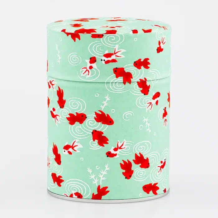 Boîte à thé Sakana fermée, papier washi japonais turquoise décoré de poissons rouges